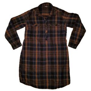 Eddie Bauer Womens Size 12 Shirt Tunic Top Brown Black Cotton Flannel Pullover